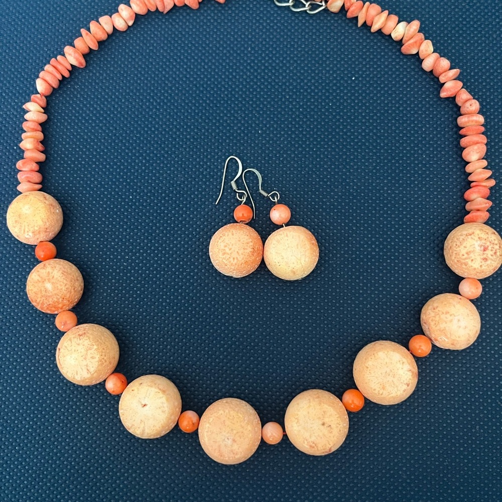 Elegant Coral Beaded Necklace and Earring Set